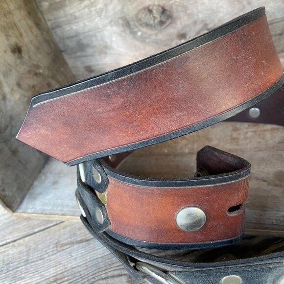 Vintage Biker Motorcycle Belt Leather Strap Black /  Brown with Rings & Rivets - Picture 8 of 14